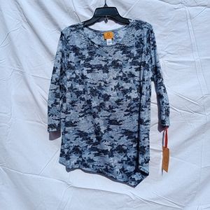 Ruby Rd. Camo grey studded asymmetrical tshirt size Large modest 3/4 sleeve